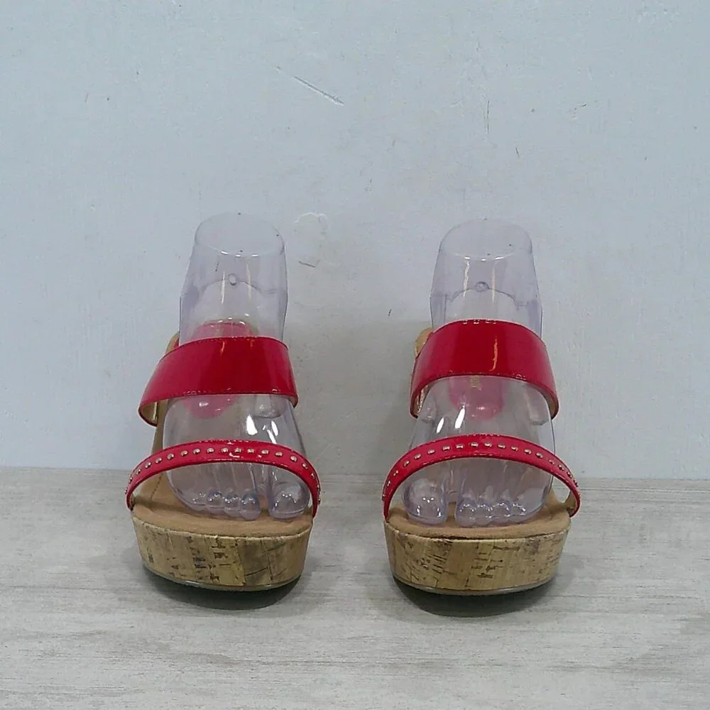 Montego Bay Club Sexy Cherry Red Platform Studded Open Toe Wedge Size 11W | Wide